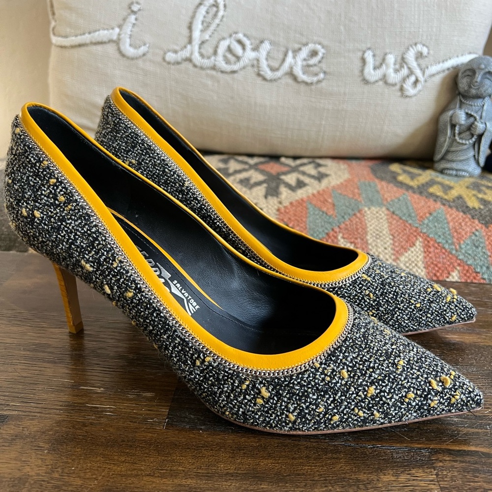 Salvatore Ferragamo Limited Edition Fiore  Tweed Leather & Metal Trim Heels EU39